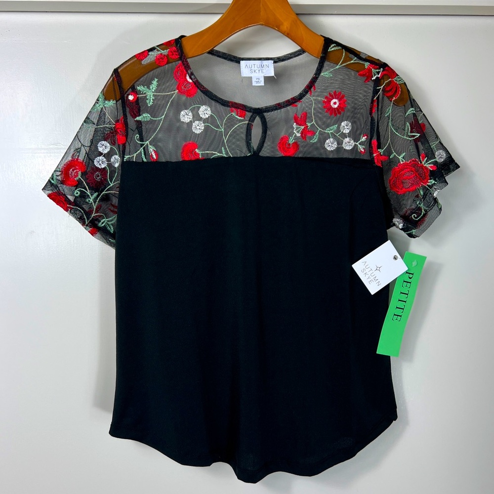 Autumn Skye Black Top With Embroidered Floral/Mesh Detail Petite Small SP NWT